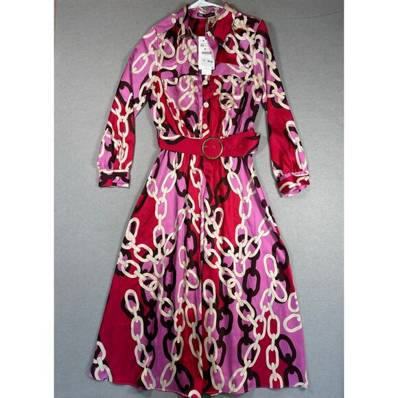 NWT Zara Chain print belted shirt dress size XS red/pink/brown pearl  buttons